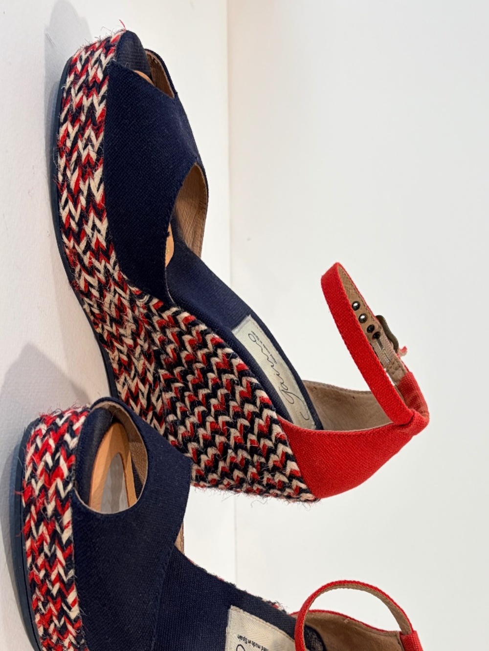 Gaimo Red Blue Canvas Espadrille Wedges 4” Braided Platform Made Spain - Picture 3 of 5